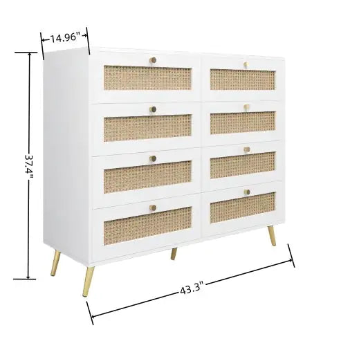 White Color 8 Drawers Chest Of Drawers With Rattan Drawer Face Golden Legs And Handles