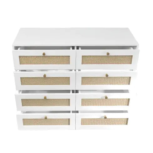 White Color 8 Drawers Chest Of Drawers With Rattan Drawer Face Golden Legs And Handles