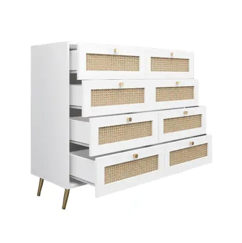 White Color 8 Drawers Chest Of Drawers With Rattan Drawer Face Golden Legs And Handles