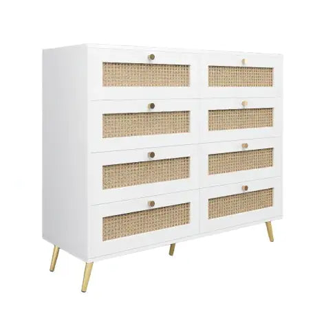 White Color 8 Drawers Chest Of Drawers With Rattan Drawer Face Golden Legs And Handles