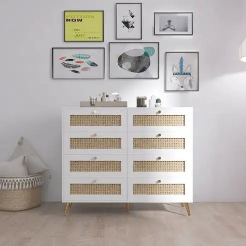 White Color 8 Drawers Chest Of Drawers With Rattan Drawer Face Golden Legs And Handles