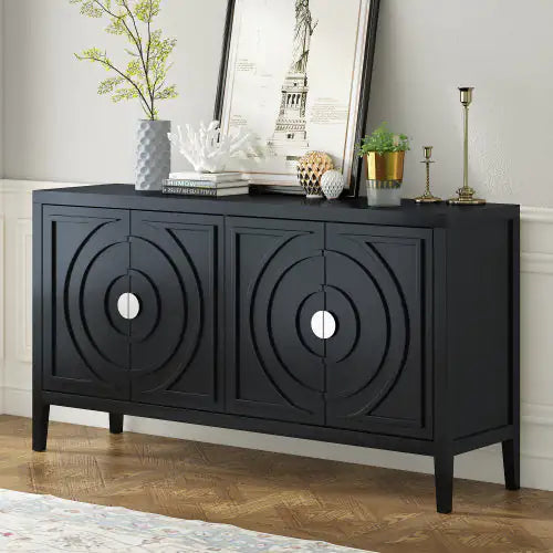 Vintage Inspired Sideboard With Round Recessed Design Round Metal Doorknob For Entrance, Dining Room, Living Room