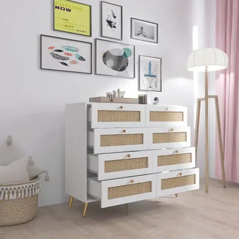 White Color 8 Drawers Chest Of Drawers With Rattan Drawer Face Golden Legs And Handles