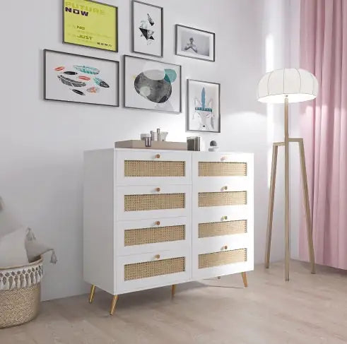 White Color 8 Drawers Chest Of Drawers With Rattan Drawer Face Golden Legs And Handles