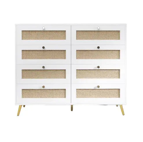 White Color 8 Drawers Chest Of Drawers With Rattan Drawer Face Golden Legs And Handles