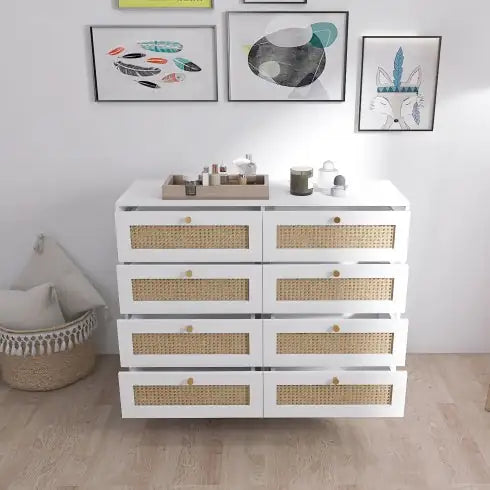 White Color 8 Drawers Chest Of Drawers With Rattan Drawer Face Golden Legs And Handles